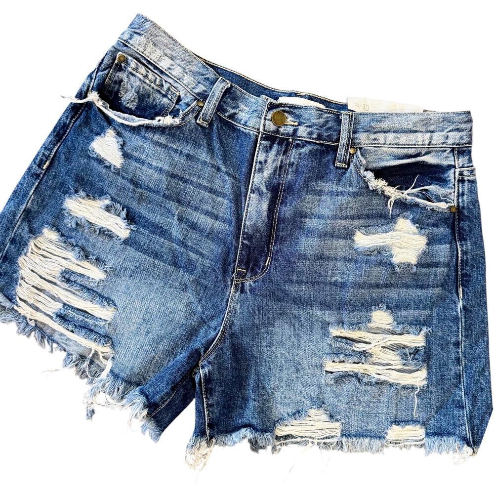 Petra153 Revolve Alyssa High Rise Distressed Fringe Frayed Blue Denim Shorts 30